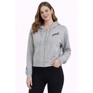 Pink Hoodie Women Small Green Zip Up Graphic Back Cropped Sweatshirt Athleisure